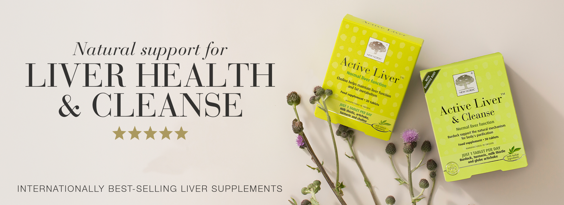 Banner showing Active Liver Supplements, including our orginal tablet and new active liver cleanse tablet and the text “Natural support for liver health”.