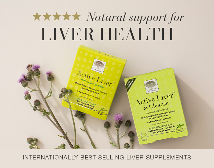 Banner showing Active Liver Supplements, including our orginal tablet and new active liver cleanse tablet and the text “Natural support for liver health”.
