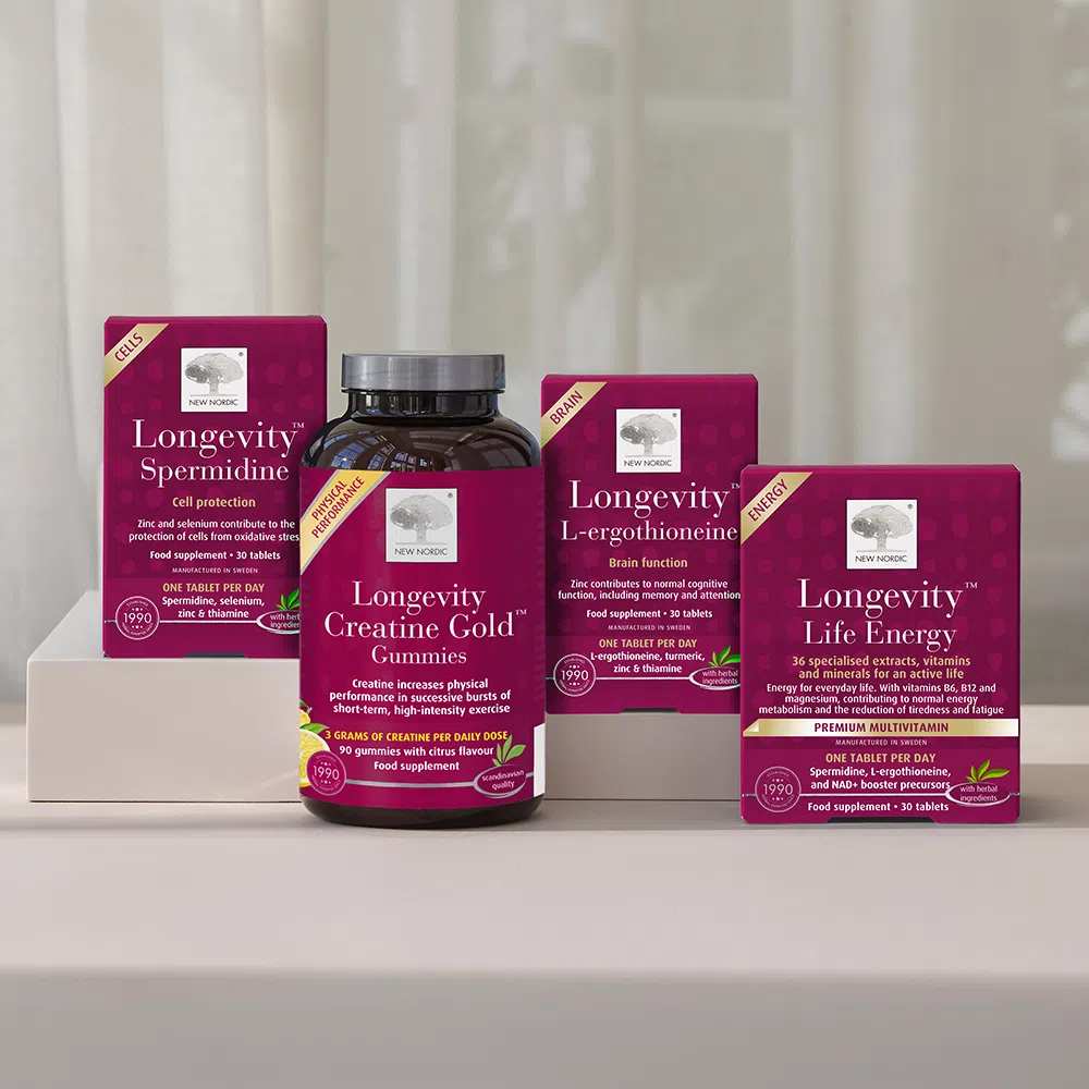 The Longevity™ range showcasing premium supplements designed to support lifelong vitality.