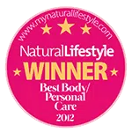 Award badge showing Natural Lifestyle Winner 2012 for Best Body and Personal Care.
