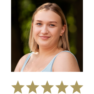 Woman displayed with five stars underneath.