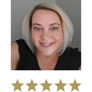 Collagen Shot™ 11 Woman smiling with five stars displayed underneath.