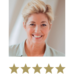 Collagen Shot™ 13 Woman smiling with five stars displayed underneath.