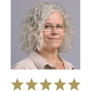 Collagen Shot™ 12 Woman smiling with five stars displayed underneath.