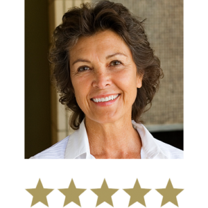 Magic Magnesium™ Glycinate 10 Woman smiling with five stars displayed underneath.