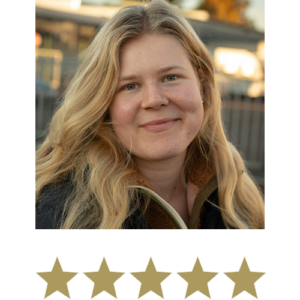 Magic Magnesium™ Glycinate 13 Woman smiling with five stars displayed underneath.