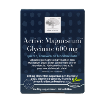 New Nordic Magic Magnesium™ Glycinate tablets help maintain muscle, nerve, and energy function, support microcirculation, and provide B and D vitamins, with magnesium and pine bark. Image of product.