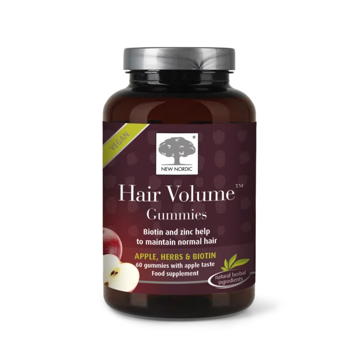 Home 19 New Nordic Hair Volume™ Gummies with biotin and zinc, helping maintain normal hair, skin and nails in an easy gummy format.