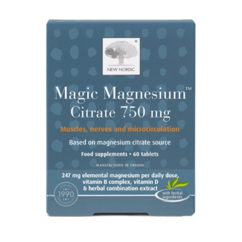 New Nordic Magic Magnesium Citrate™ tablets help maintain muscles, nerves, energy, heart, and microcirculation, and contribute to reduced tiredness, with B vitamins, magnesium, maritime pine bark, and long pepper. Image of product.