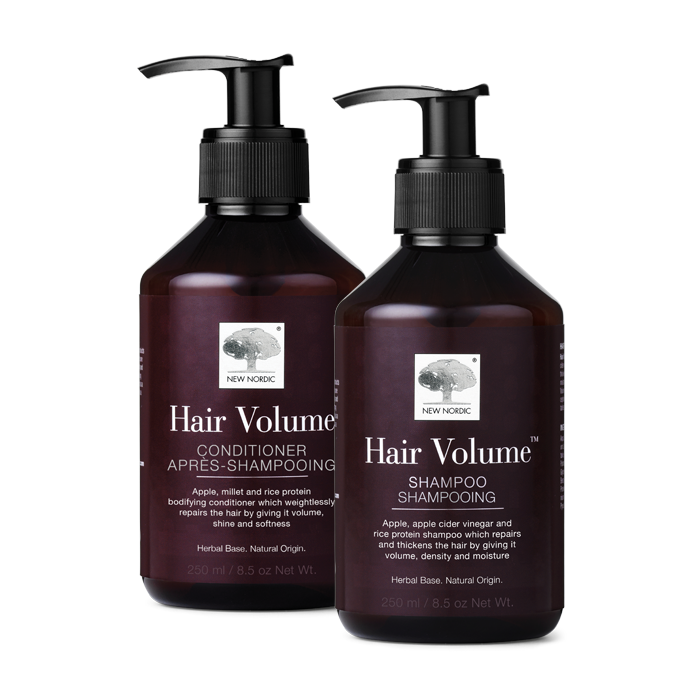 i_webpackshot_hairvolume_shampoo_conditioner_kombi_1._1. New Nordic Hair Volume⢠Shampoo & Conditioner with apple extract and amino acids to help maintain fuller-looking, shiny hair.