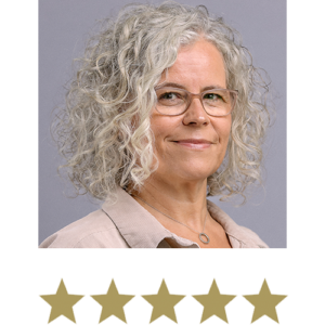 Hair Volume⢠Gummies 1 Woman smiling with five stars displayed underneath.