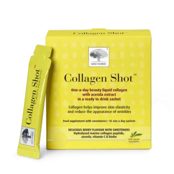 New Nordic Collagen Shots™ help maintain skin elasticity and contributes to reduced appearance of wrinkles, with hydrolysed marine collagen, vitamin C, acerola, and biotin. Image of product.