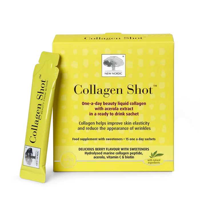 Home 20 New Nordic Collagen Shots™ help maintain skin elasticity and contributes to reduced appearance of wrinkles, with hydrolysed marine collagen, vitamin C, acerola, and biotin. Image of product.