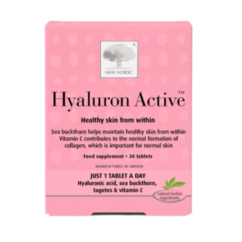 Image of New Nordic Hyaluron Active™ tablets, help maintain skin fullness and youthful radiance with hyaluronic acid and sea buckthorn.