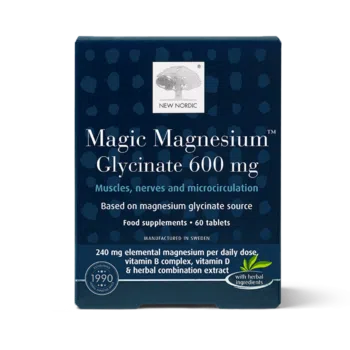 New Nordic Magic Magnesium™ Glycinate tablets help maintain muscle, nerve, and energy function, support microcirculation, and provide B and D vitamins, with magnesium and pine bark. Image of product.