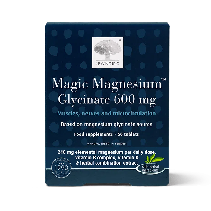 Home 18 New Nordic Magic Magnesium™ Glycinate tablets help maintain muscle, nerve, and energy function, support microcirculation, and provide B and D vitamins, with magnesium and pine bark. Image of product.