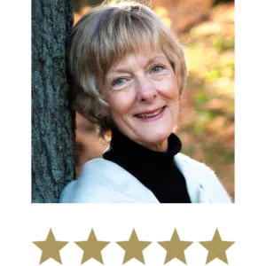 Melissa Dream™ 13 Older Woman smiling, against a tree with five stars beneath