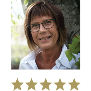 Active Legs⢠5 Image of a middle-aged woman smiling wearing glasses in nature with five stars beneath.