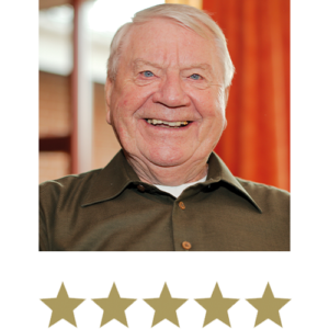 Active Legs⢠3 Image of an older man smiling with five stars beneath.