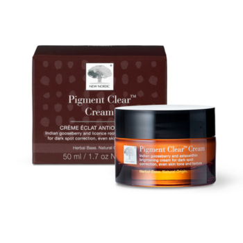 Pigment Clear™ Cream, brightens and evens skin tone with hyaluronic acid, sunflower oil, clover, liquorice root, gooseberry, mulberry, and astaxanthin.