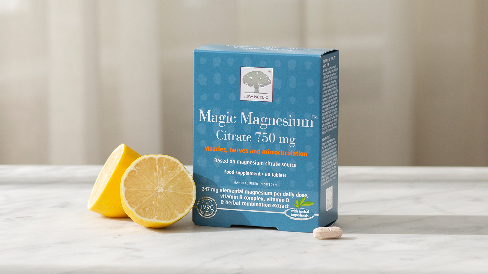 Herbal Schools 45 Magic Magnesium™ Citrate package with lemons and a tablet on a light background.