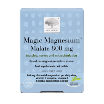New Nordic Magnesium Malate™ tablets help maintain energy, muscle, nerve, and bone health, and contribute to reduced tiredness and improved microcirculation, with magnesium and pine bark. Image of product.