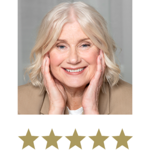 Natural Magic™ Anti-ageing Cream 13 Woman smiling with five stars displayed underneath.