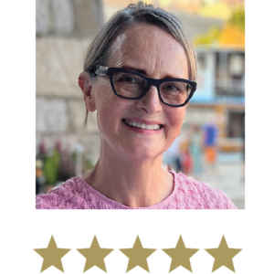 Natural Magic™ Firming Serum 3 Woman smiling with five stars displayed underneath.