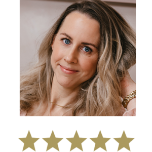 Natural Magic™ Amazing Eye Cream 2 Woman smiling with five stars displayed underneath.