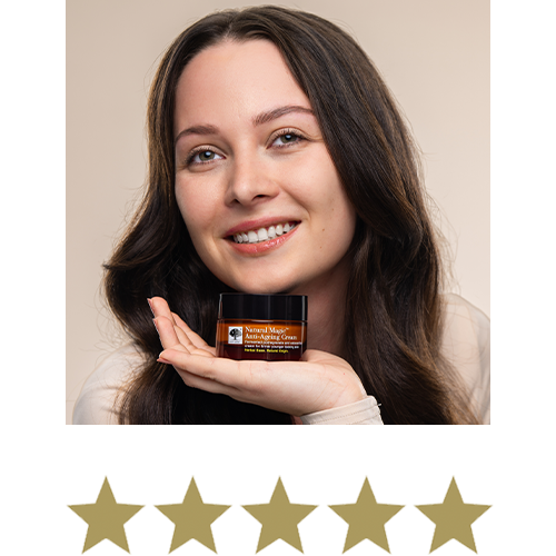 Natural Magic™ Trio 2 Woman smiling with five stars displayed underneath.