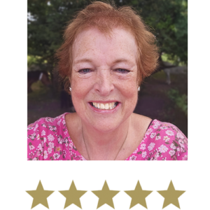 Natural Magic™ Firming Serum 1 Woman smiling with five stars displayed underneath.